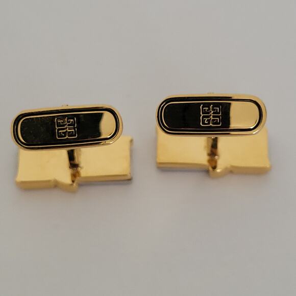 Givenchy Cufflinks Set Gold Silver Tone Rectangle Logo Vintage Designer Geometri - Picture 6 of 7
